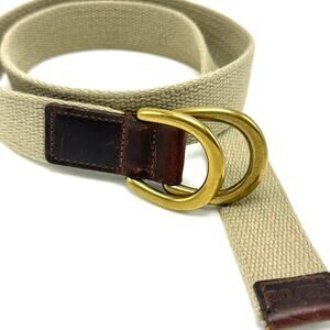 Vintage 90s Patagonia Belt 30 Brass D Rings Leather Tab Beige Tan Cotton Web USA
